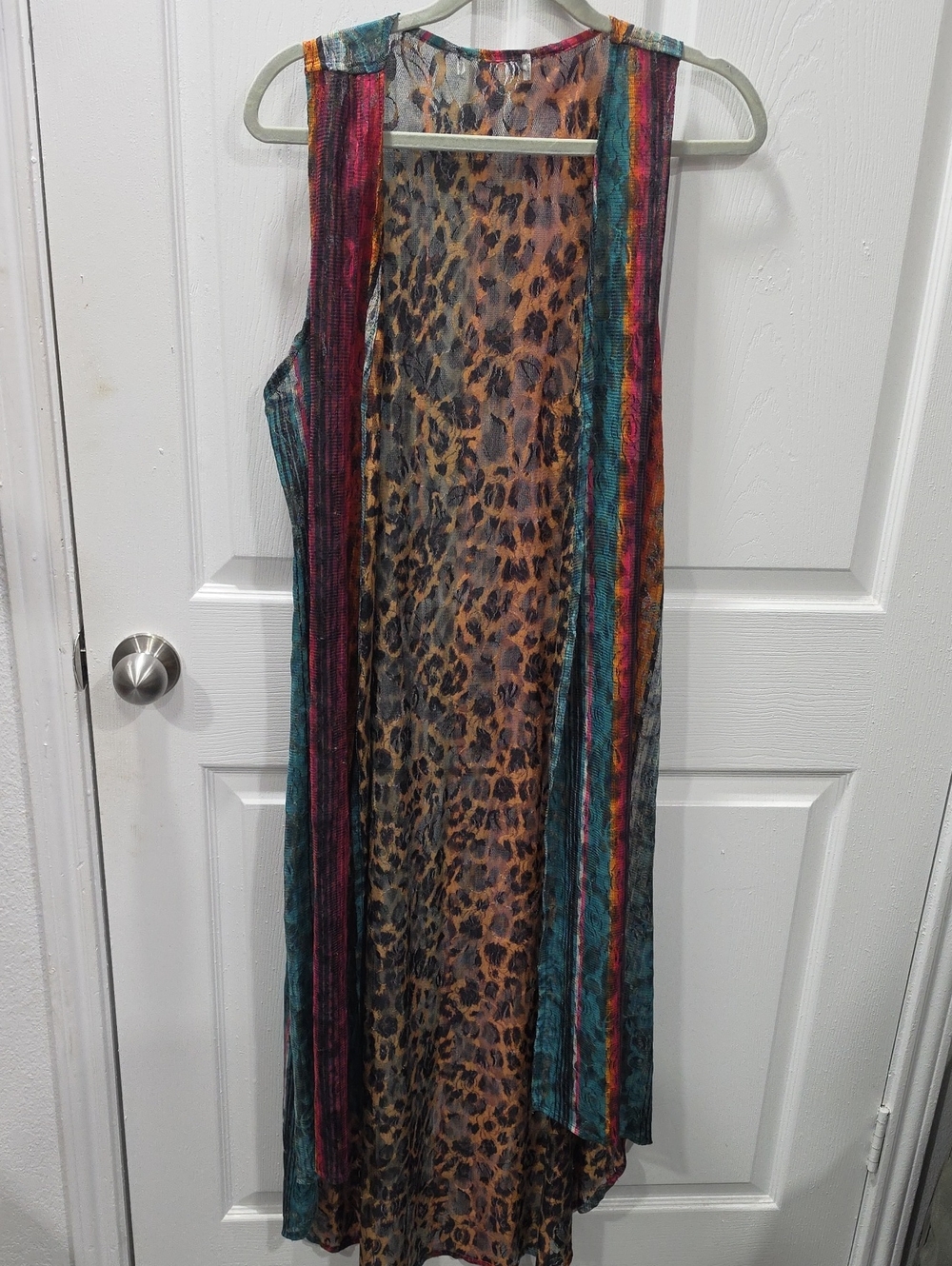 Reversible Leopard Print / Serape Sheer Duster with Colorful Striped Trim